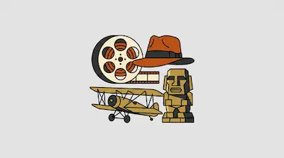Flat illustration of a film reel, a brown fedora hat, a biplane, and a stone idol statue on a gray background