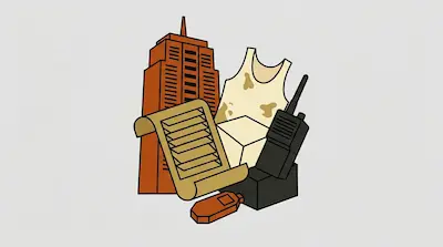 Flat illustration of a tall skyscraper, a dirty white tank top, and a black walkie talkie on a light gray background