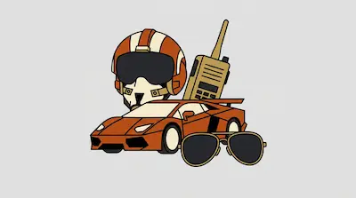 Flat illustration of an orange sports car, a pilot helmet, a walkie talkie, and aviator sunglasses on a gray background