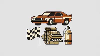 Flat illustration of an orange muscle car, a checkered flag, a car engine, and a nitrous tank on a light gray background