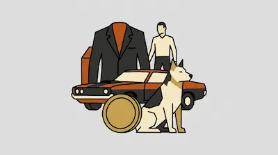 Flat illustration of a man, a dog, a muscle car, and a suit jacket arranged together on a light gray background