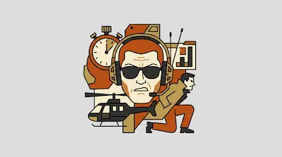 Flat illustration of a man in sunglasses and a headset, surrounded by a stopwatch, a helicopter, and a crouching figure