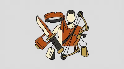 Flat illustration of a soldier figure with a serrated knife, a compound bow, and dog tags on a gray background