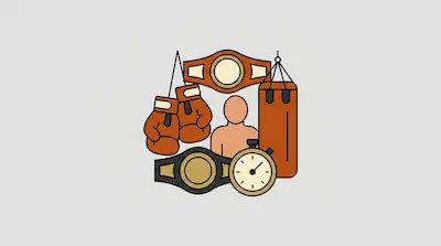Flat illustration of boxing gear including gloves, a punching bag, championship belts, and a stopwatch on a gray background