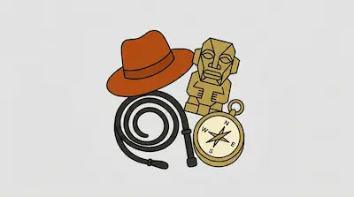 Flat illustration of an explorer's brown fedora, a coiled whip, a golden idol, and a compass on a grey background