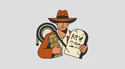 Flat illustration of an explorer in a fedora holding a golden idol and a stone tablet with hieroglyphs