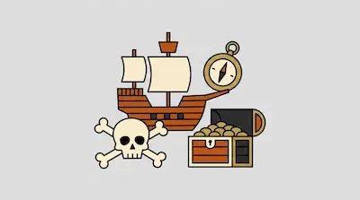Flat illustration of a pirate ship, a skull with crossbones, a compass, and a treasure chest full of gold coins.