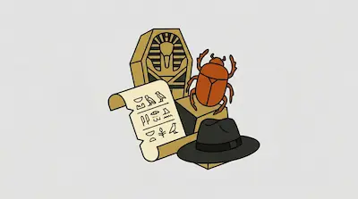 Flat illustration of an Egyptian sarcophagus, a scarab beetle, a papyrus scroll, and a fedora on a gray background