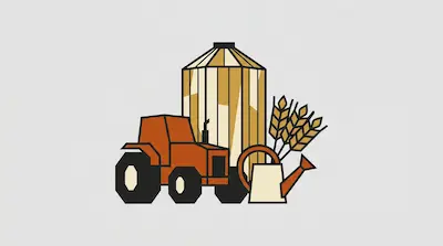 An orange tractor, a yellow grain silo, a white watering can, and stalks of wheat in a stylized geometric design.