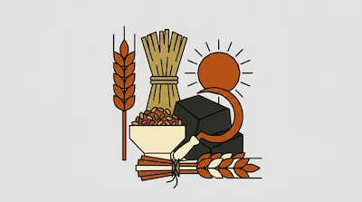 A stylized graphic featuring stalks of wheat, a bundle of grain, a bowl of seeds, a sickle, and a sun.