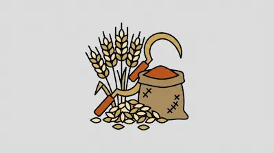 Wheat stalks, a sickle, a sack of grain, and a pile of seeds.