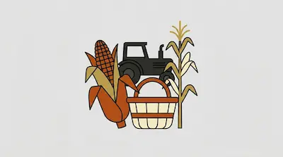 Flat illustration of a black tractor, a corn cob, a corn stalk, and a wicker basket on a light gray background