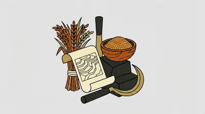 A bundle of grain stalks, a scroll depicting terraced fields, a bowl of food, and a sickle.