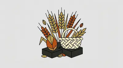 Stylized wheat stalks, a woven basket, and geometric seeds are arranged on dark rectangular blocks.
