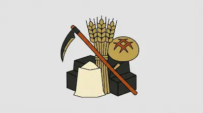 A scythe, a bundle of wheat, a loaf of bread, and a sack of flour arranged in a cluster.