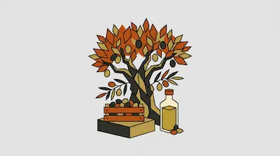 A stylized olive tree with orange and brown leaves, a wooden crate filled with olives, and a bottle of olive oil.