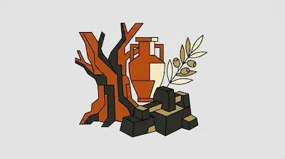 A stylized tree trunk, an amphora, an olive branch, and dark rocks.