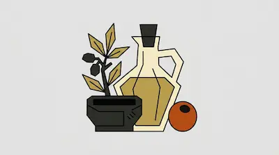 An olive branch, a glass carafe of oil, a dark bowl, and a round orange fruit.