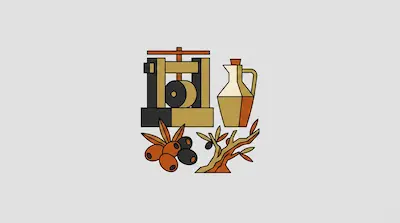 A stylized graphic of an olive press, a jug of oil, a branch, and a cluster of olives.