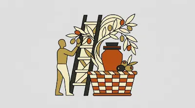 A person harvests olives from a tree using a ladder, with a large basket and a clay jar nearby.