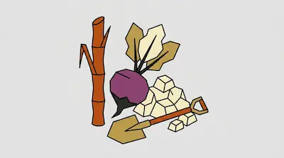 A stalk of sugarcane, a purple sugar beet, a pile of sugar cubes, and a shovel.