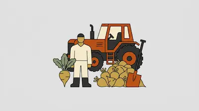A farmer stands beside an orange tractor, a large beet, and a pile of harvested crops with a shovel.