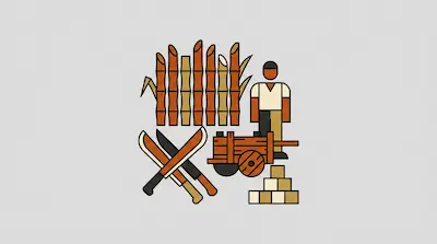 A man stands next to sugarcane stalks, crossed machetes, a wooden cart, and a stack of sugar cubes.