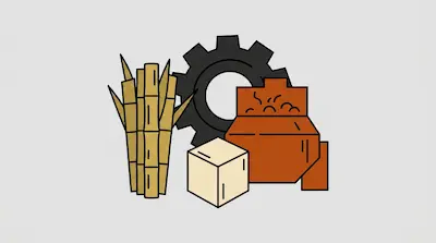 Sugarcane stalks, a large gear, a sugar cube, and a piece of industrial machinery.