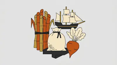 A bundle of sugarcane, a sailing ship, a sack, and a sugar beet.