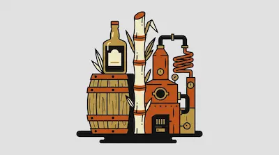 A bottle of rum, a wooden barrel, a stalk of sugarcane, and a copper pot still.