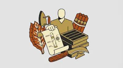 A faceless person holds a document with a cigar diagram, surrounded by tobacco leaves, a bundle of cigars, wooden molds, and a curved knife.