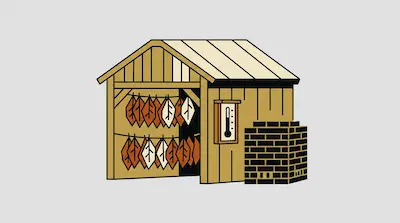 A wooden shed with rows of leaves hanging inside, a thermometer on the side, and a brick structure adjacent to it.