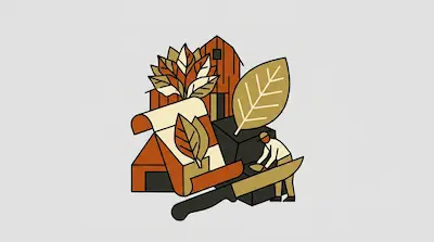 Stylized tobacco leaves, a barn, a person working, and a large knife arranged in a cluster.