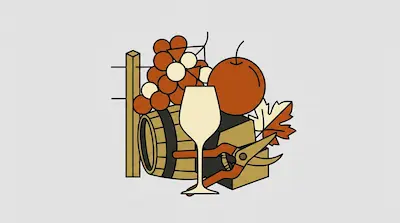 A wine glass, grapes, an apple, a barrel, and pruning shears are grouped together.