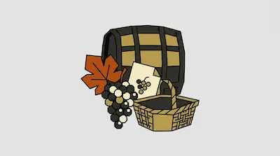 A wooden barrel, a bunch of grapes, an orange leaf, and a woven basket.