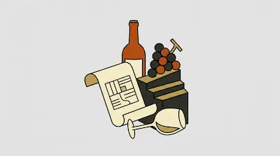 A wine bottle, a bunch of grapes, a scroll, and a wine glass lying on its side.