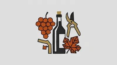 A bunch of grapes, a wine bottle, pruning shears, and a grape leaf in a stylized, geometric design.