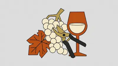 A bunch of white grapes, a grape leaf, pruning shears, and a glass of white wine.