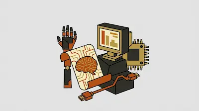 A robotic hand, a computer monitor displaying a bar chart, a microchip, and a scroll with a brain-shaped circuit pattern.