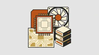 A central processor chip surrounded by a cooling fan, a circuit board, and a stack of servers.
