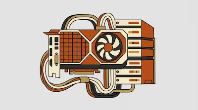 A stylized orange and cream graphics card connected to a stack of server components by thick, curved cables.
