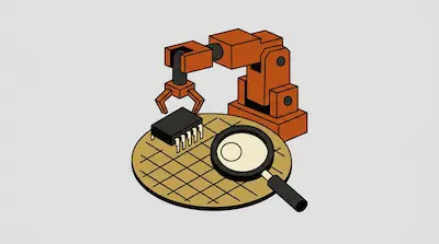 An orange robotic arm hovers over a black microchip on a circular grid next to a magnifying glass.