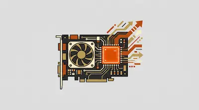 A stylized graphics card with a cooling fan and a glowing orange chip that has arrows pointing upward and to the right.