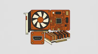 Stylized computer hardware components including a graphics card, circuit board, and RAM modules.