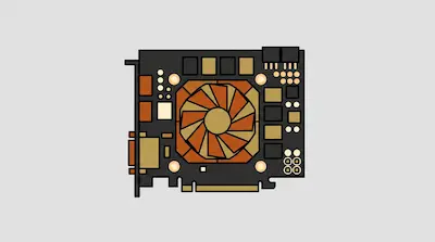 A stylized computer graphics card with a central orange and tan fan on a dark circuit board.