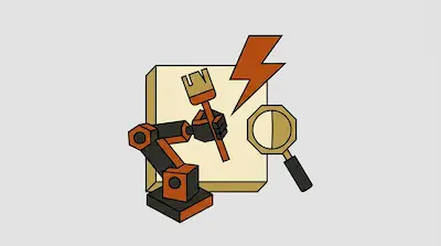 A robotic arm holds a paintbrush in front of a canvas, next to a lightning bolt and a magnifying glass.