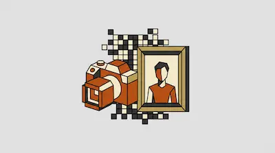 A stylized orange camera and a framed portrait of a person are set against a background of black and white pixelated squares.