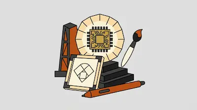 A collection of stylized icons including a microchip on a circular disc, a paintbrush, a stylus, a framed geometric drawing, and a tall orange structure.