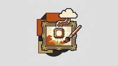 A pixelated framed painting with a computer chip in the center, a cloud above, and a paintbrush on the right.