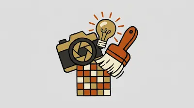 A camera, a lightbulb with rays, a paintbrush, and a grid of colored squares are grouped together.